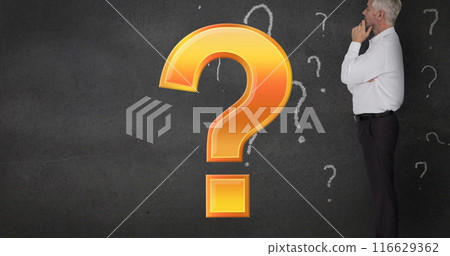 Image of question marks over diverse caucasian businessman Image of question marks over diverse caucasian businessman 116629362