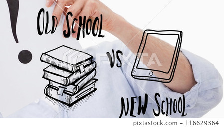 Image of old school vs new school text over caucasian man holding question mark 116629364