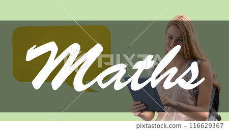 Image of maths text and speech bubble over caucasian female student Image of maths text and speech bubble over caucasian female student 116629367