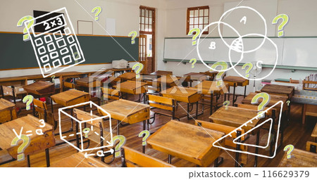 Image of school icons and question marks over empty classroom Image of school icons and question marks over empty classroom 116629379