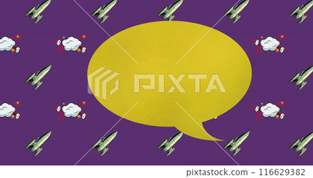Image of speech bubble and icons over purple background Image of speech bubble and icons over purple background 116629382
