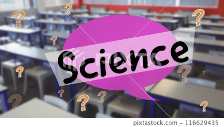 Image of science text with question marks over empty classroom 116629435