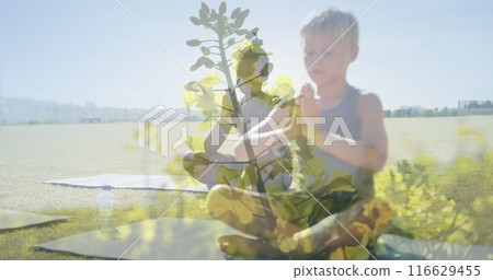 Image of plants over happy diverse schoolboys meditating in outdoor yoga class 116629455