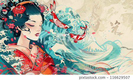 日本傳統浮世繪風格的女性、龍、魚和花插圖 116629507