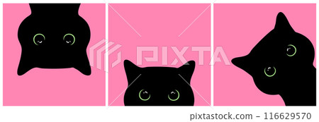 Peeking black cats set with big green eyes on pink background. Curious cats looking out. Cute black cat face. Vector illustration 116629570
