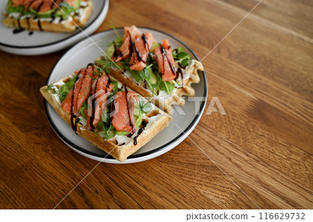 healthy sandwich with cream cheese, red fish and avocado for breakfast healthy sandwich with cream cheese, red fish and avocado for breakfast 116629732