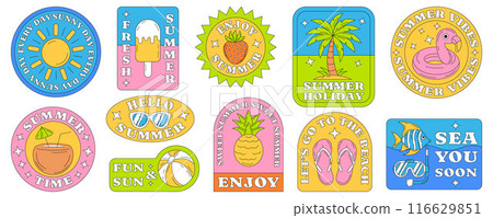 Summer beach retro funky flat stickers set. Simple icons with seasonal elements, fruit, slogan or quotes. Groovy summer vector illustration, sticker pack or collection of badges isolated on white Summer beach retro funky flat stickers set. Simple icons with seasonal elements, fruit, slogan or quotes. Groovy summer vector illustration, sticker pack or collection of badges isolated on white 116629851