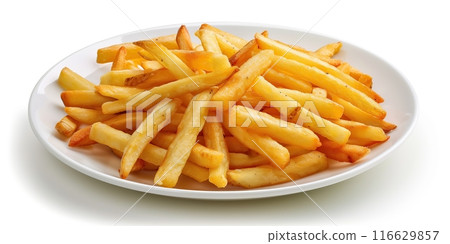 Delicious looking French fries. Salted potato fry in a white bowl on a white isolated background. Pile of frites. Golden homemade deep fried salty french fries serving on a plate. Very good chips 116629857