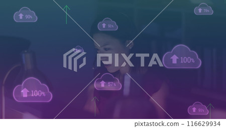 Image of clouds, arrows and data processing over biracial businesswoman 116629934