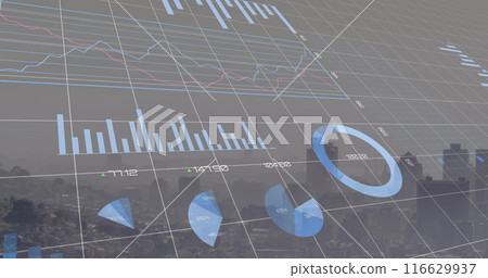Image of infographic interface over aerial view of modern cityscape in background Image of infographic interface over aerial view of modern cityscape in background 116629937