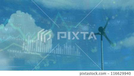 Image of graphs and computer language over low angle view of windmill against cloudy sky 116629940