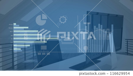 Image of multiple graphs and icons over desktop on desk and empty chair in office Image of multiple graphs and icons over desktop on desk and empty chair in office 116629954