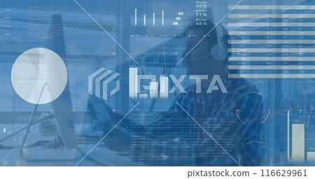 Image of data processing over caucasian man wearing headphones using computer at office 116629961