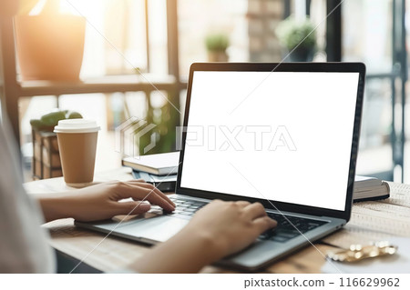 Woman using laptop in office sitting at desk. Empty blank white screen mockup. Copy space area for text, logo, app. Person working, female hands typing. Mock up display PC. Business websites, service Woman using laptop in office sitting at desk. Empty blank white screen mockup. Copy space area for text, logo, app. Person working, female hands typing. Mock up display PC. Business websites, service 116629962