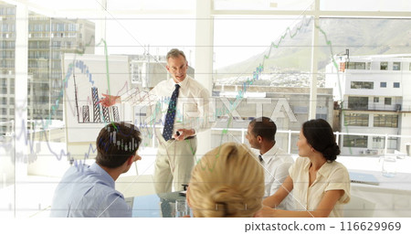 Image of financial data processing over diverse business people Image of financial data processing over diverse business people 116629969
