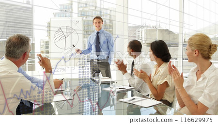 Image of data processing over diverse colleagues clapping for caucasian businessman at office Image of data processing over diverse colleagues clapping for caucasian businessman at office 116629975