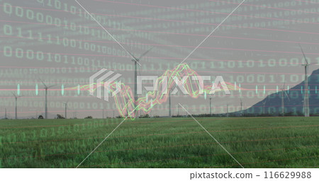 Image of binary coding and against spinning windmills on grassland 116629988