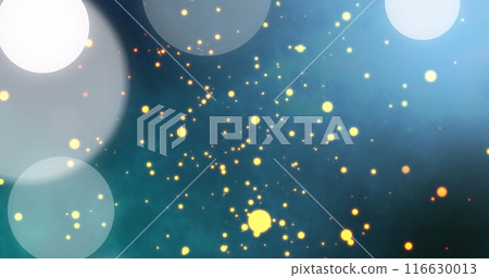 Image of white spots of light and yellow particles rainbow against blue background 116630013