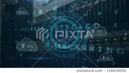 Image of circles, texts, letters, symbols, arrows, numbers in clouds, back panel of server rack Image of circles, texts, letters, symbols, arrows, numbers in clouds, back panel of server rack 116630056