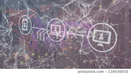 Image of icons in circles, navigation pin over connected dots forming shapes against server room 116630058