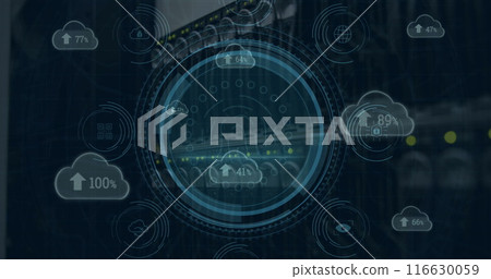 Image of fingerprint and clouds with percents over server room and media icons 116630059