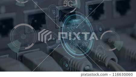 Image of circuit board pattern and padlocks in shield and icons, 5g text, back panel of router Image of circuit board pattern and padlocks in shield and icons, 5g text, back panel of router 116630060