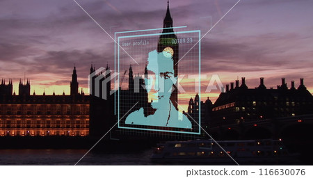 Image of financial data processing over biometric photo and london cityscape Image of financial data processing over biometric photo and london cityscape 116630076