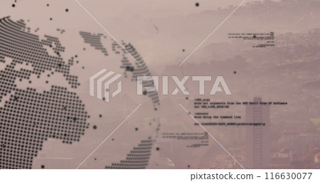 Image of globe and financial data processing over cityscape 116630077
