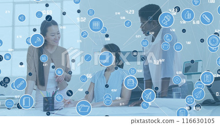 Image of network of digital icons over three diverse women discussing together at office Image of network of digital icons over three diverse women discussing together at office 116630105