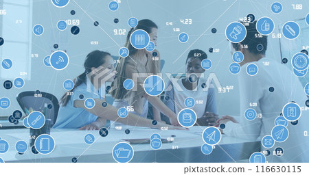 Image of connected computer icons and numbers over diverse women discussing blueprint in office 116630115