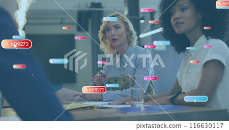 Image of social media icons over caucasian woman talking to diverse colleagues at office 116630117