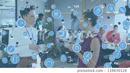 Image of network of icons over two caucasian women discussing while having coffee at office 116630126