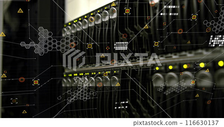 Image of shapes and data processing over server room 116630137