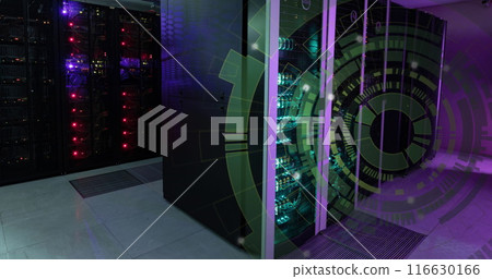 Image of green round scanner spinning against computer server room 116630166