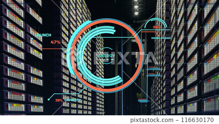 Image of round scanner and data processing against computer server room 116630170