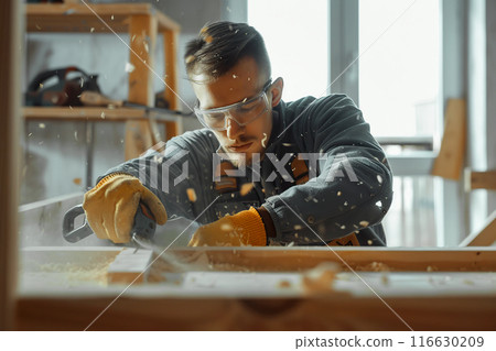 Carpenter works using manual and electric equipment. Man doing woodwork professionally. Manufacturer, maker construction. Hand of joiner working with a wooden plank, wood in his carpentry workshop 116630209