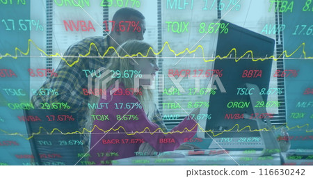 Image of financial data processing over diverse business people in office 116630242
