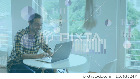 Image of financial data processing over caucasian businessman in office using laptop 116630247