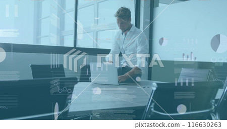 Image of statistical data processing against thoughtful caucasian man using laptop at office 116630263