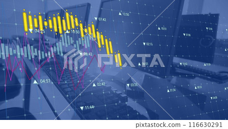 Image of green line and data processing over computers on desk in office 116630291