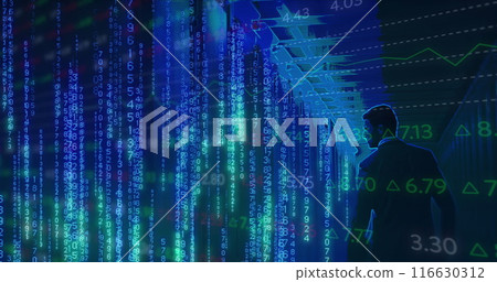 Image of data processing and binary coding over caucasian businessman and computer servers 116630312