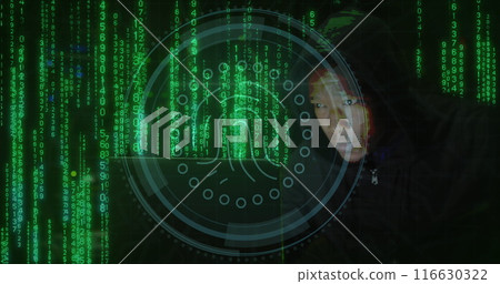 Image of biometric print and binary coding over african american man using laptop 116630322