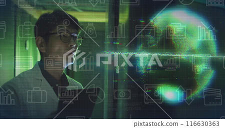 Image of icons and data processing with asian it technician by computer servers 116630363