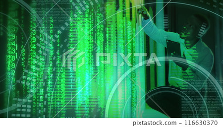 Image of binary coding data processing with african american it technician by computer servers 116630370