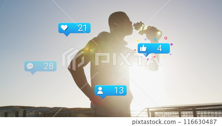 Image of social media icons and numbers over african american male athlete drinking water Image of social media icons and numbers over african american male athlete drinking water 116630487
