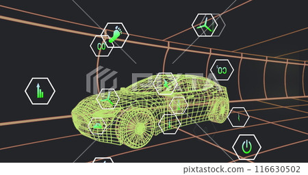 Image of multiple digital icons over 3d car model moving in seamless pattern in a tunnel 116630502