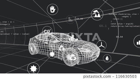 Image of multiple digital icons over 3d car model moving in seamless pattern in a tunnel Image of multiple digital icons over 3d car model moving in seamless pattern in a tunnel 116630503