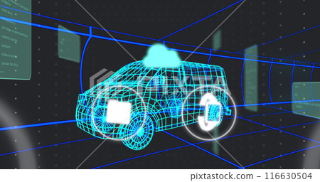 Image of multiple digital icons over 3d van model moving in seamless pattern in a tunnel 116630504