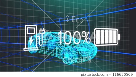 Image of battery charging interface over 3d car model moving in seamless pattern in a tunnel 116630509