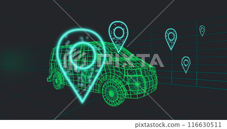 Image of multiple location pin icons over 3d van model moving in seamless pattern in a tunnel Image of multiple location pin icons over 3d van model moving in seamless pattern in a tunnel 116630511